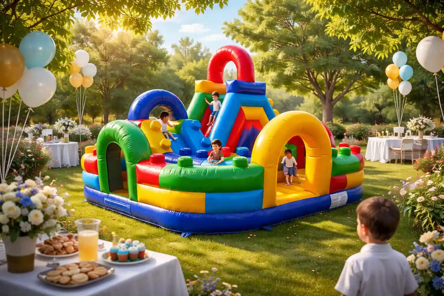 castillo hinchable en comunión infantil en Málaga con niños jugando